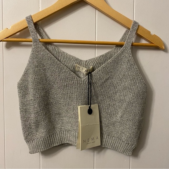 NWT Nema Greece Resort Wear Knit Metallic Silver Crop Top Vacation Summer tank - Picture 2 of 11